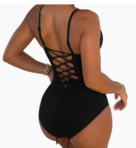 Summer Bikini Backless String Large Size Sexy Solid Color Triangle One-piece Swimsuit Womens Clothing - Velora