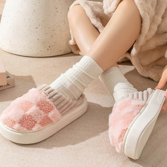 Plaid Plush Slippers Women's Indoor Plush Home Slippers Soft Sole Thick Non-Slip Warm House Shoes Couple Autumn And Winter - Velora
