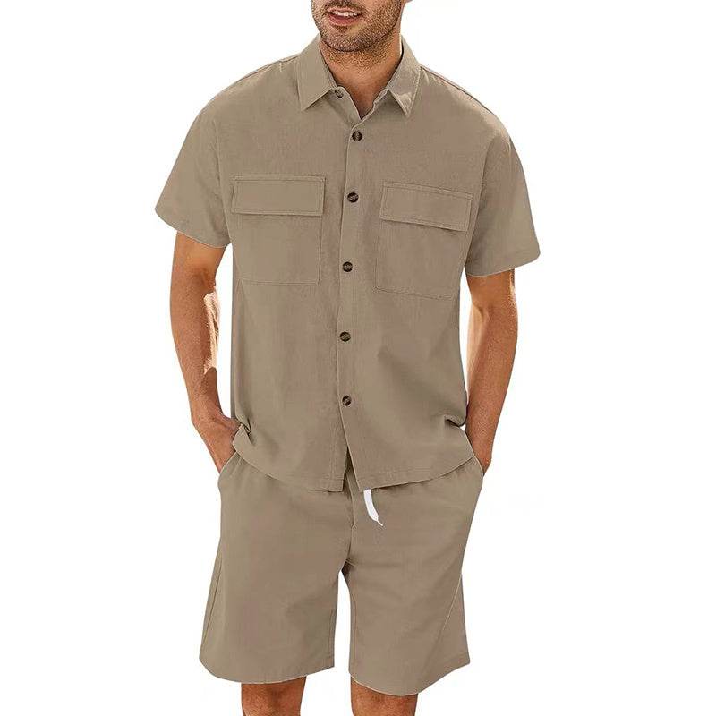 Summer Suits Men Short Sleeve Lapel Pockets Shirt And Drawstring Shorts Sports Fashion Leisure Men's Clothing - Velora