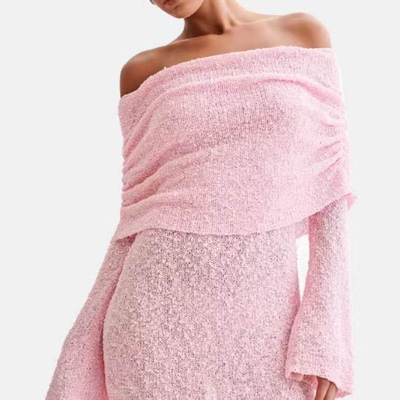 Women's Spring Summer Knitted Dress Elegant Party Boat Neck Dress Infant Off Shoulder Bodycon Long Sleeve Fuzzy Short Club Chic Mini Dress - Velora