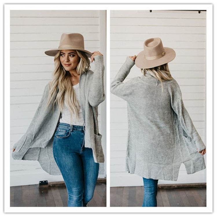 Long Sleeve Multi-color Plus Size Double Bag Cardigan Sweater - Velora