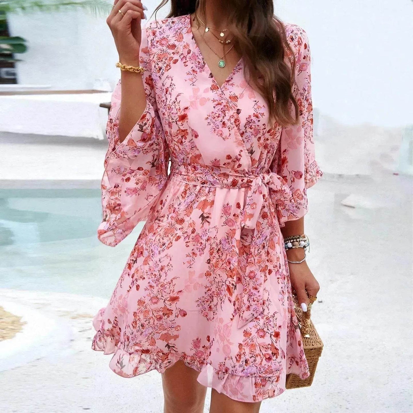 Casual Summer Chiffon Floral Print Short Sleeves Dress Lace Up Ruffles Design Fashion V-neck Short Mini Dresses Womens Clothing - Velora