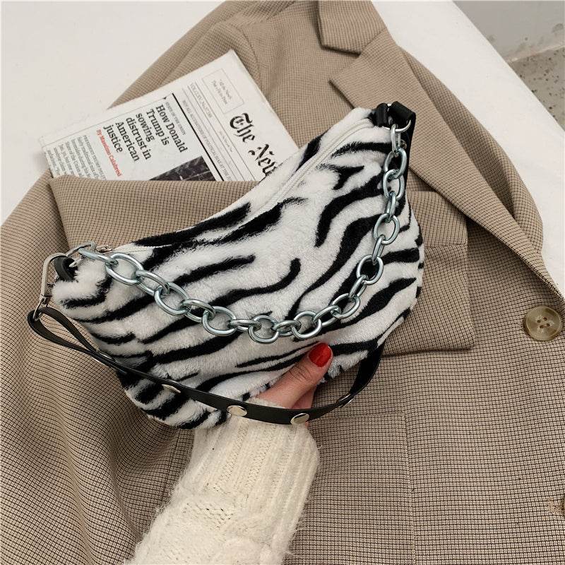 Leopard Pattern Plush Bag Personality Diagonal Women Bag Chain Shoulder Bag