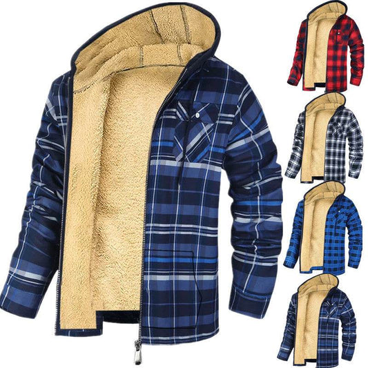 Men's Plaid Print Hooded Zip-Up Jacket Winter Thickened Cotton-padded Coat Warm Clothing - Velora