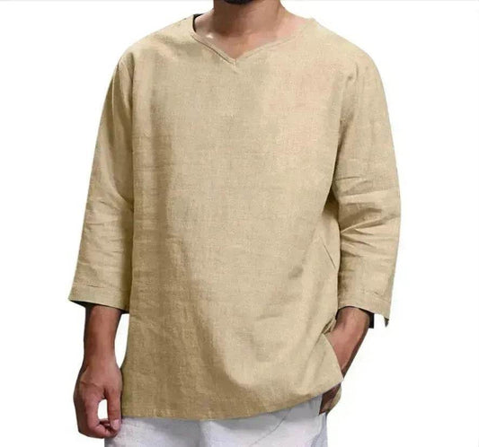 Loose Casual V-neck Top Cotton And Linen Long Sleeve Pullover Shirt Men's Shirt Top - Velora