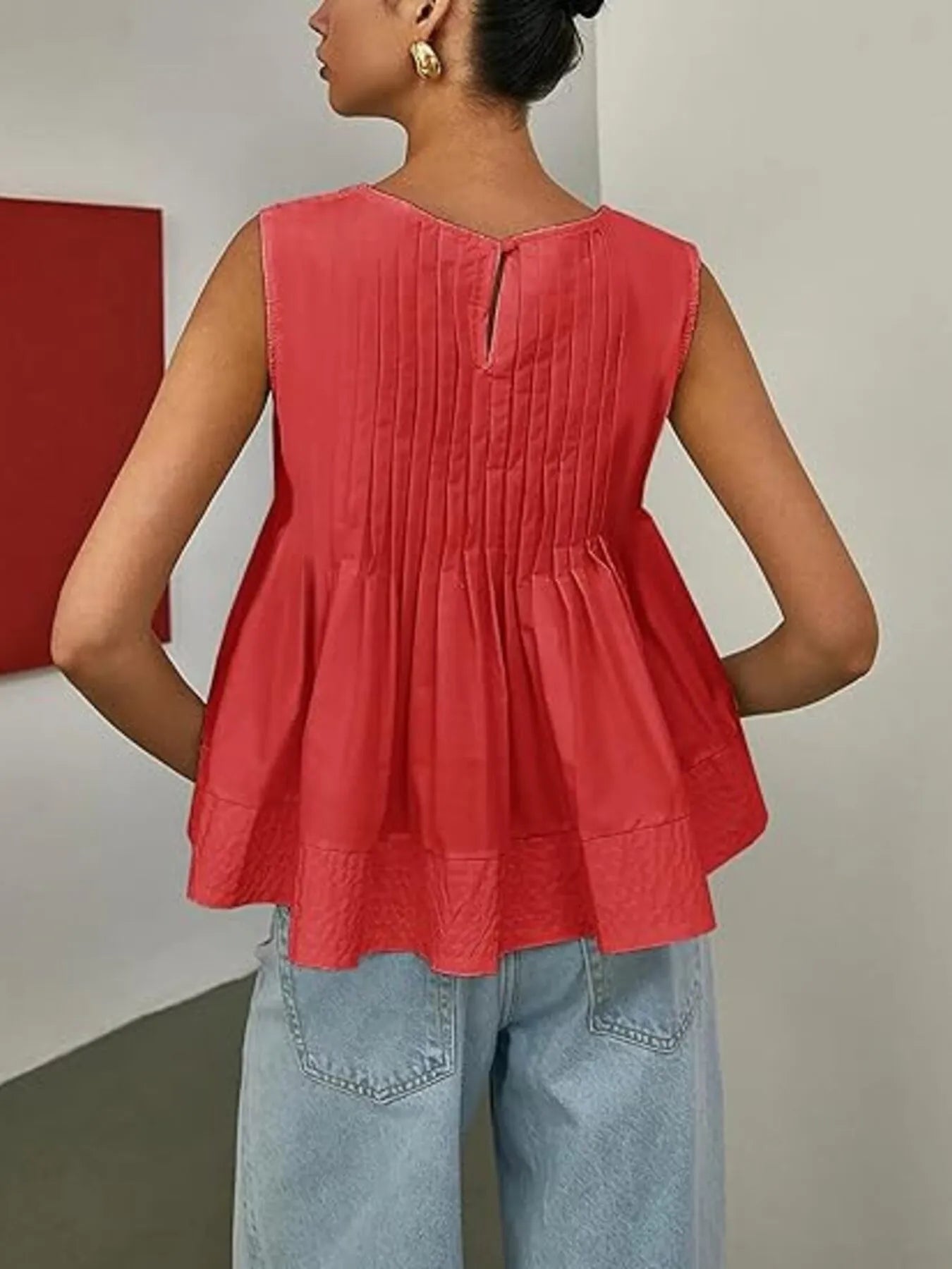 Pleated Peplum Round Neck Sleeveless Top - Velora