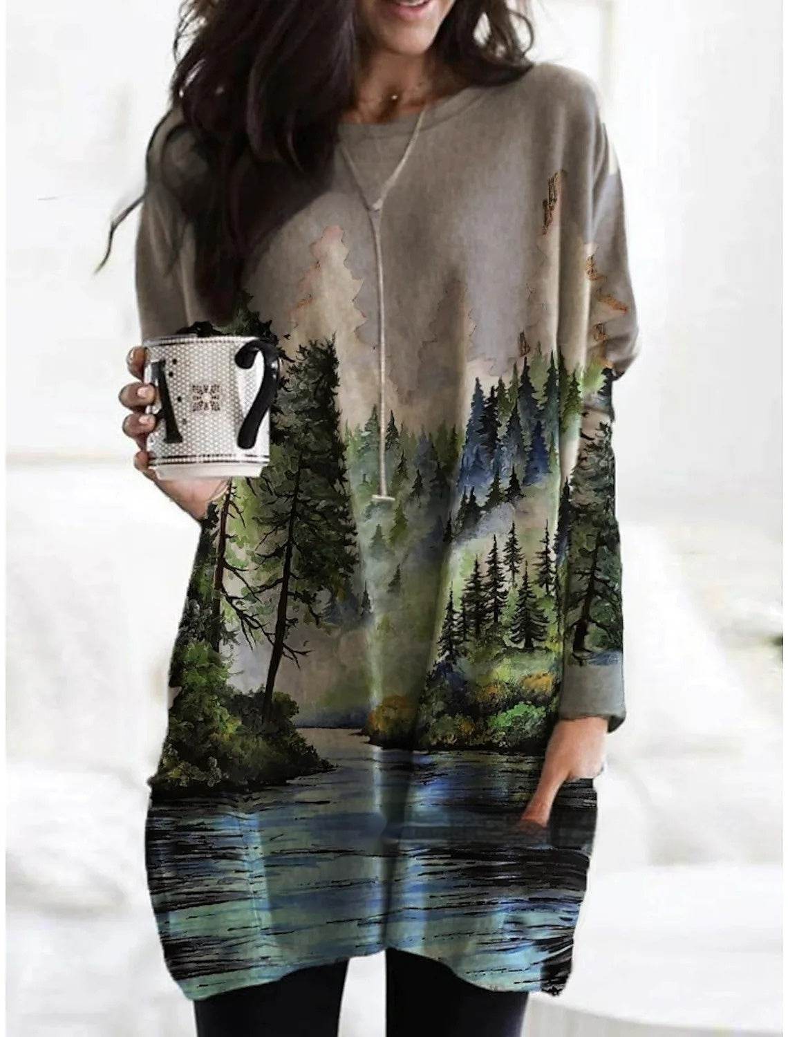 Women's Round Neck Mid-length Long-sleeved T-shirt With Pockets - Velora