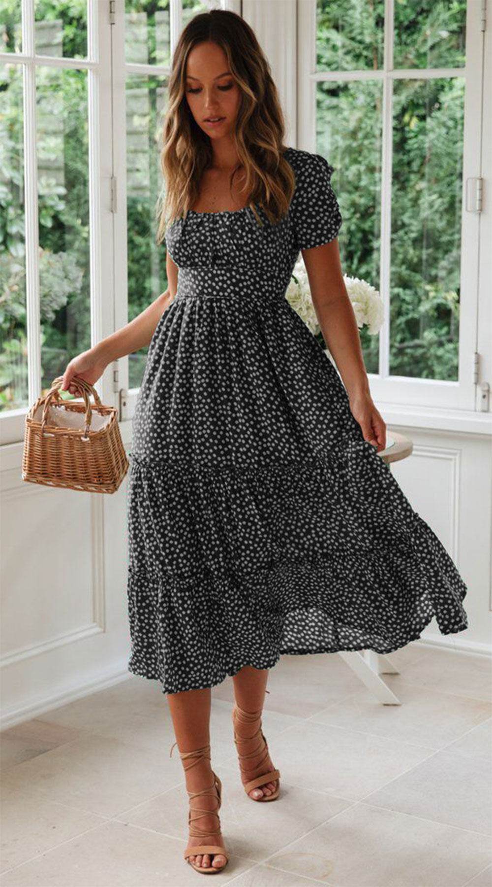 Square Collar Short Sleeve Dress Summer Puff Floral Printed Dress Long Dresses - Velora