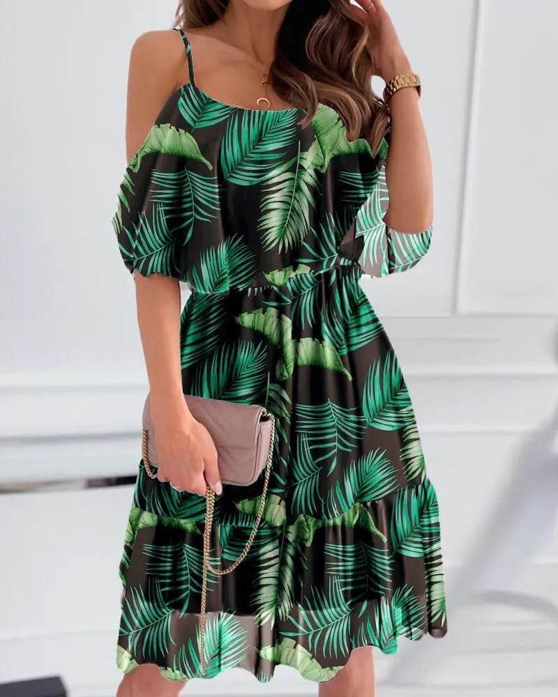 Flower Printed Ruffled Suspender Dress Summer Off-the-shoulder Strap Dresses Women - Velora
