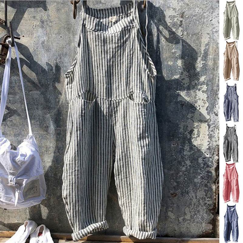 Striped Bib Jumpsuit With Pockets Summer Fashion Loose Wide-leg Pants For Women Clothing - Velora