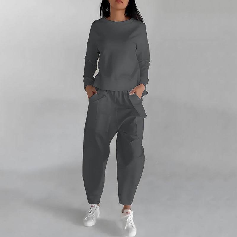 Solid Color Fashion Sweatshirt Long Sleeve Back Slit Top With Pockets Loose Trousers Women's Clothing - Velora