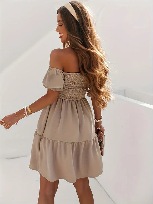Full Size Ruffled Off-Shoulder Short Sleeve Dress - Velora