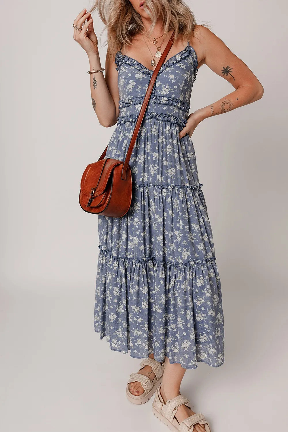 Floral Spaghetti Strap Frilled V Neck Tiered Midi Dress - Velora