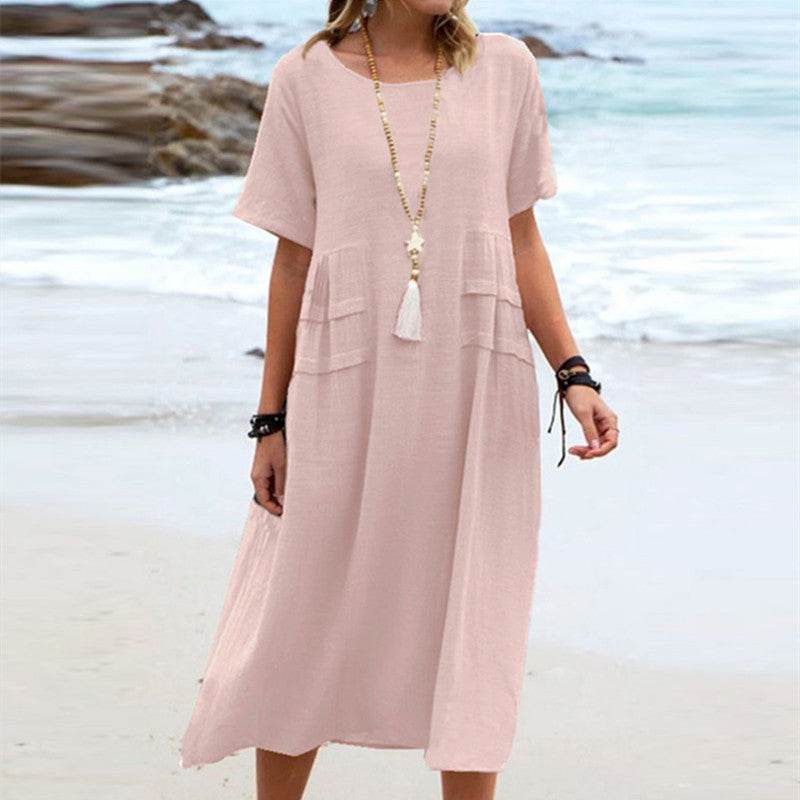 Women's Summer Loose Casual Midi Dress Breathable Cotton Linen Short-sleeve Mid-length Dresses Women Simple Beach Dress - Velora