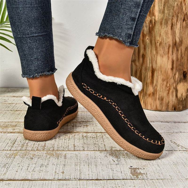 Fashion V-cut Plush Ankle Boots Winter Plus Velvet Flat Snow Boot Casual Warm Solid Suede Cotton Shoes For Women - Velora