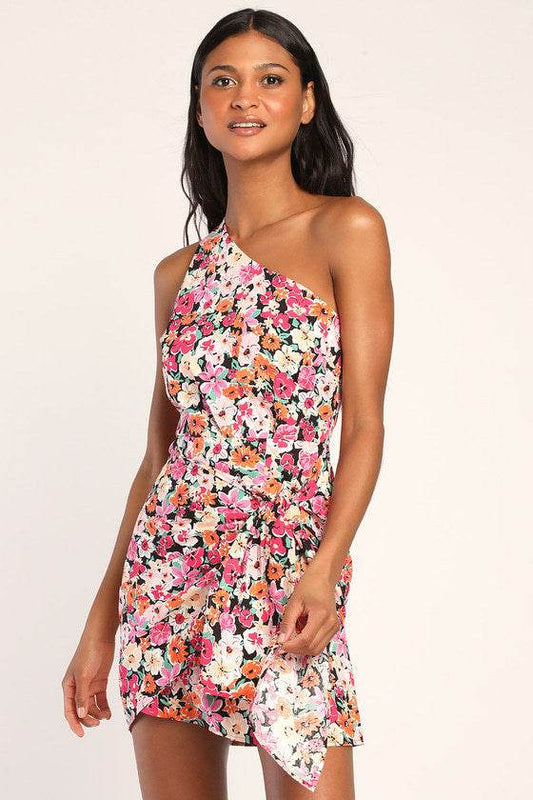 Gorgeous Garden One-shoulder Flower Mini Dress - Velora
