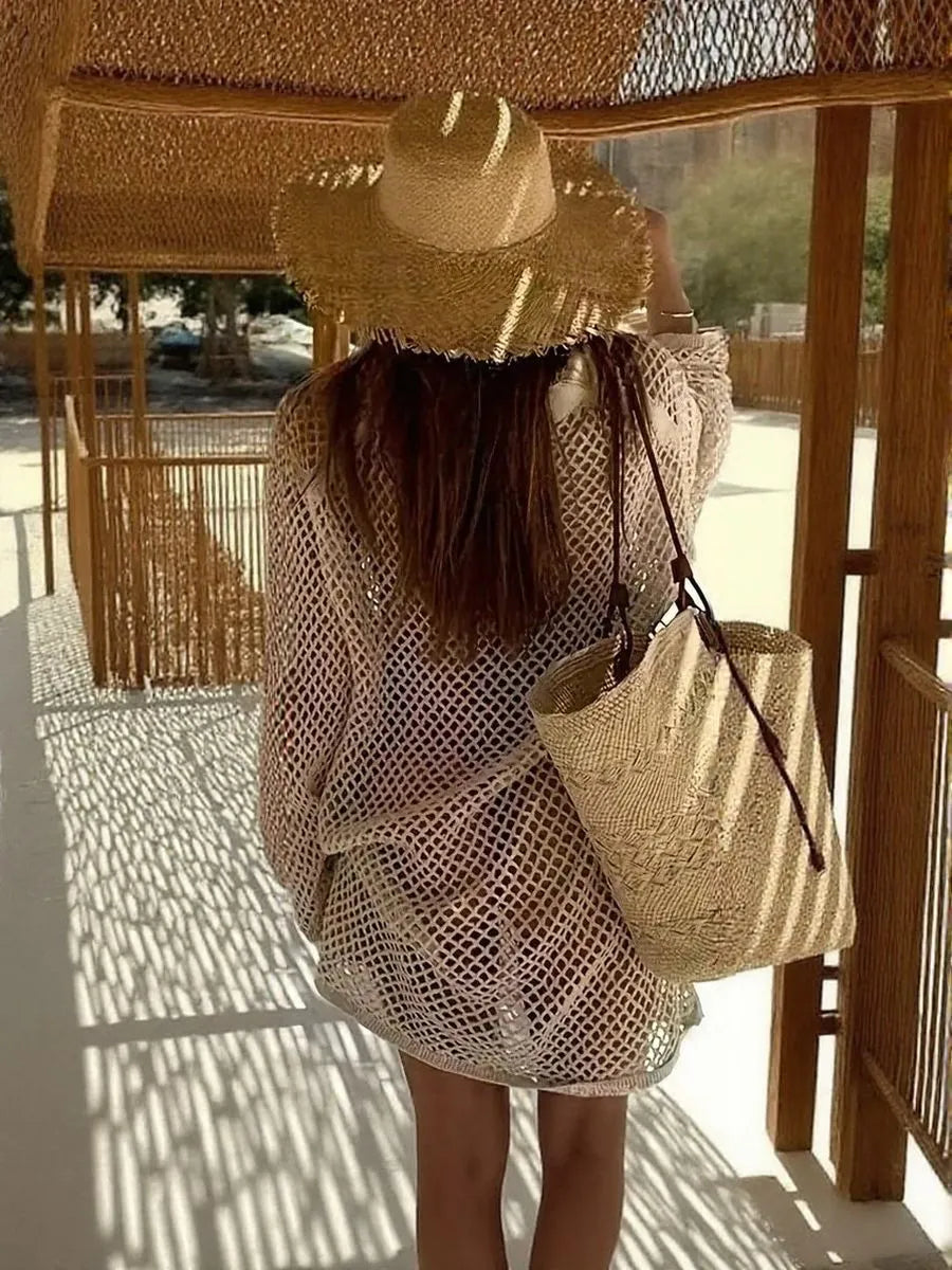 Openwork Long Sleeve Knit Cover Up Dress - Velora