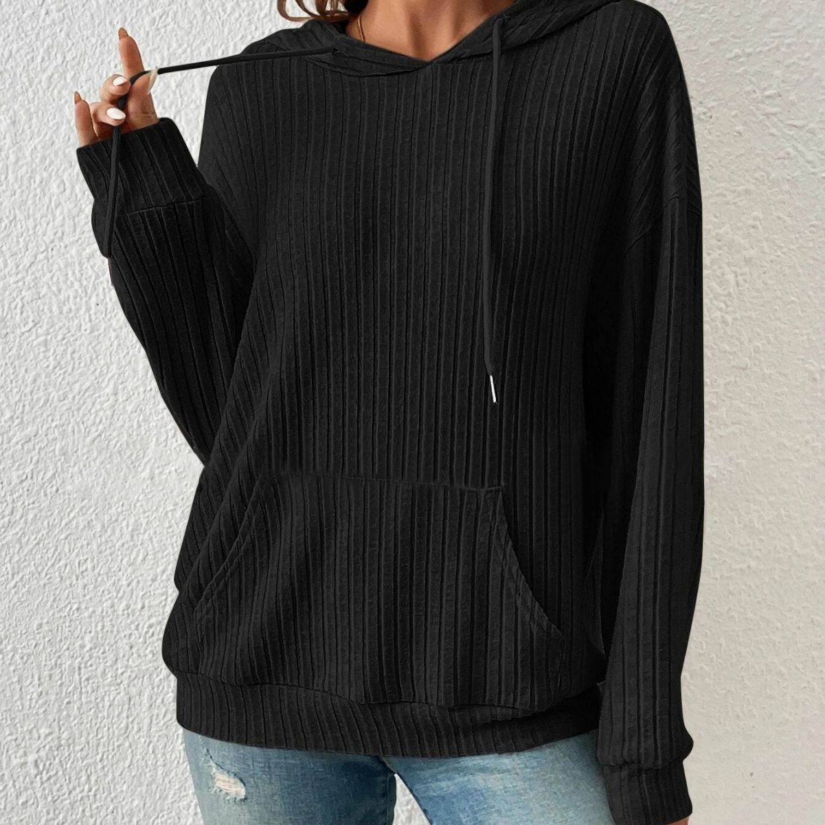 Fashion Drawstring Long-sleeved Hooded Sweatshirt With Pockets Solid Sunken Stripe Hoodie Knitwear Womens Clothing - Velora