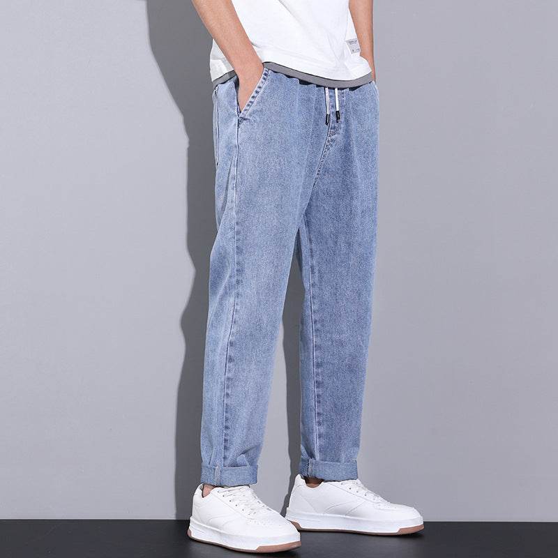 Summer Loose Wide Leg Jeans Pants Men Fashion Drawstring Elasticated Straight Trousers - Velora