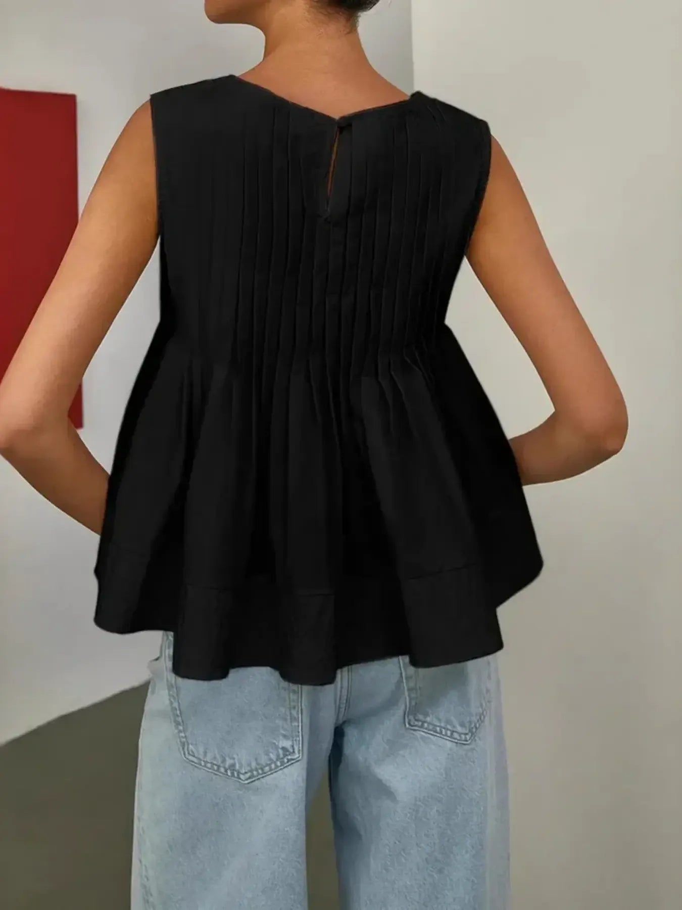 Pleated Peplum Round Neck Sleeveless Top - Velora