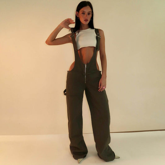 Y2K Zipper Denim Overalls With Pockets Fashion Loose Suspender Jumpsuit Streetwear Jeans Pants Womens Clothing - Velora