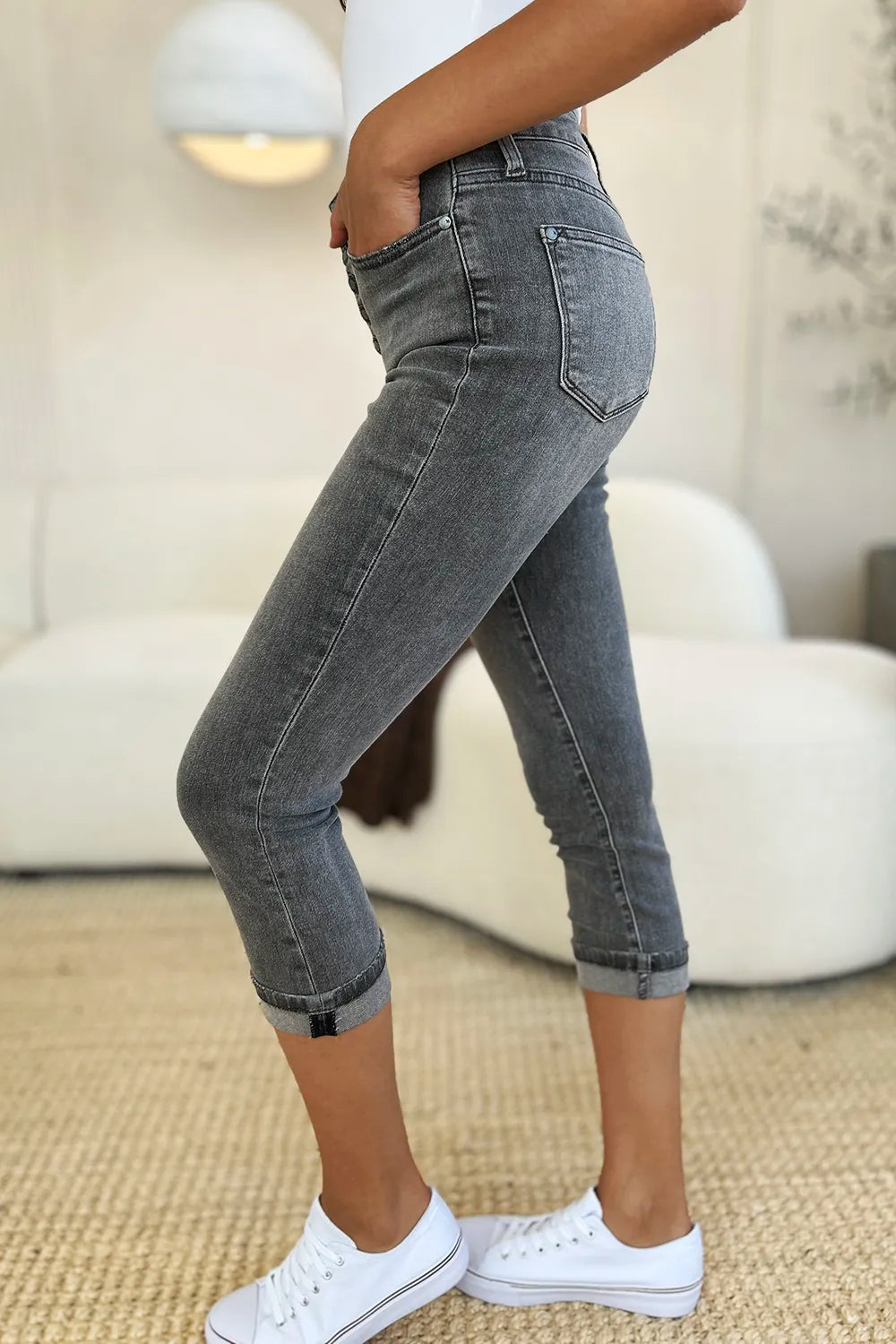 Judy Blue Full Size Button Fly High Waist Cuffed Capris - Velora