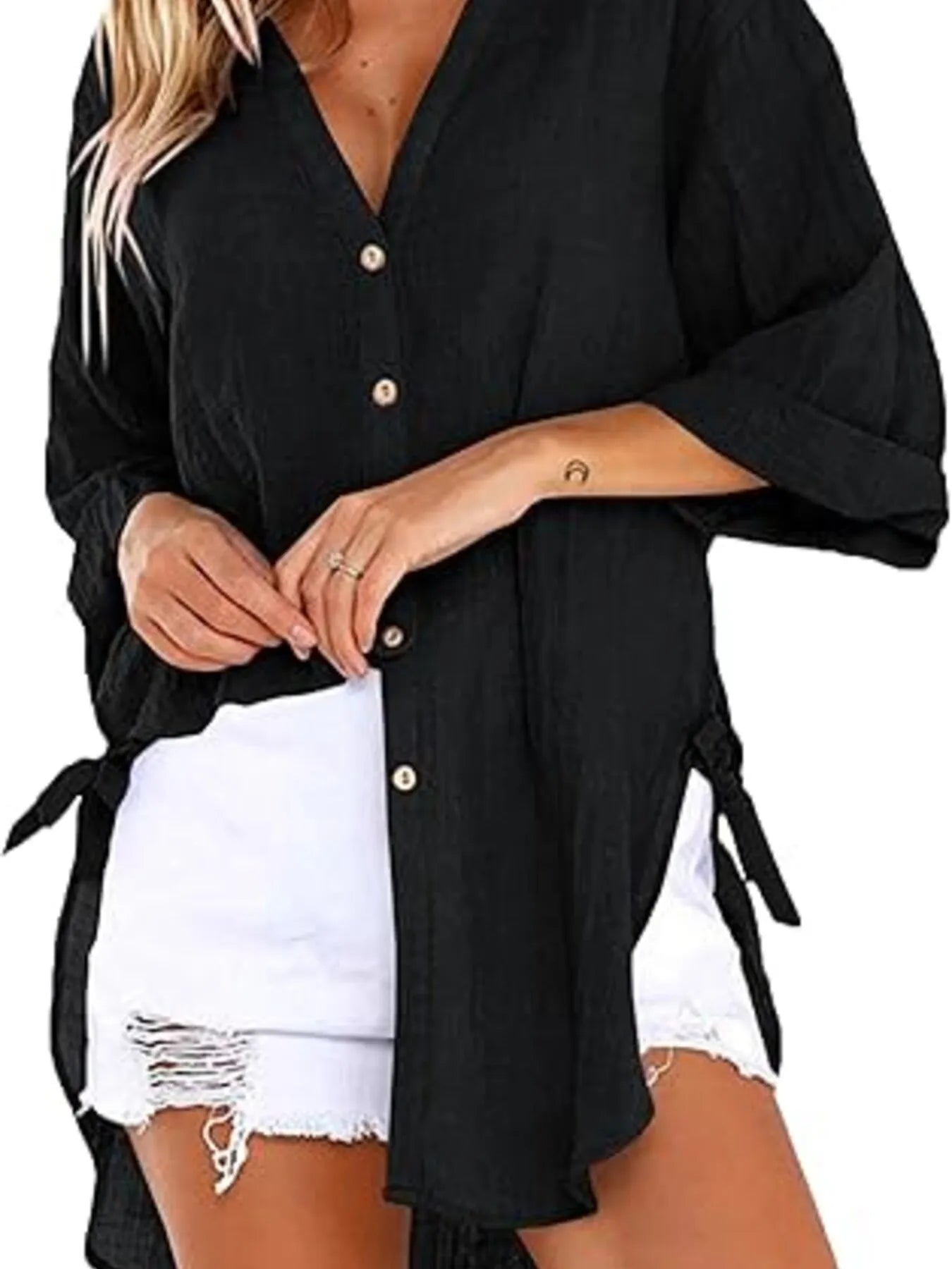 Linen Blend Button-Down Tunic Shirt - Velora