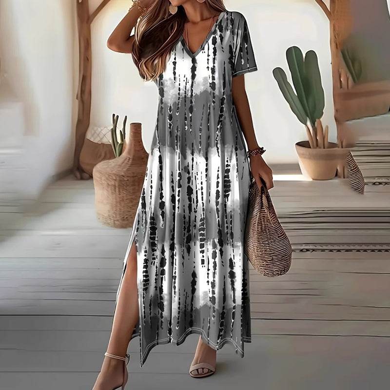 Women's Summer Tie Dye Maxi Dress Short Sleeve V Neck Casual Loose Long Split Dresses - Velora