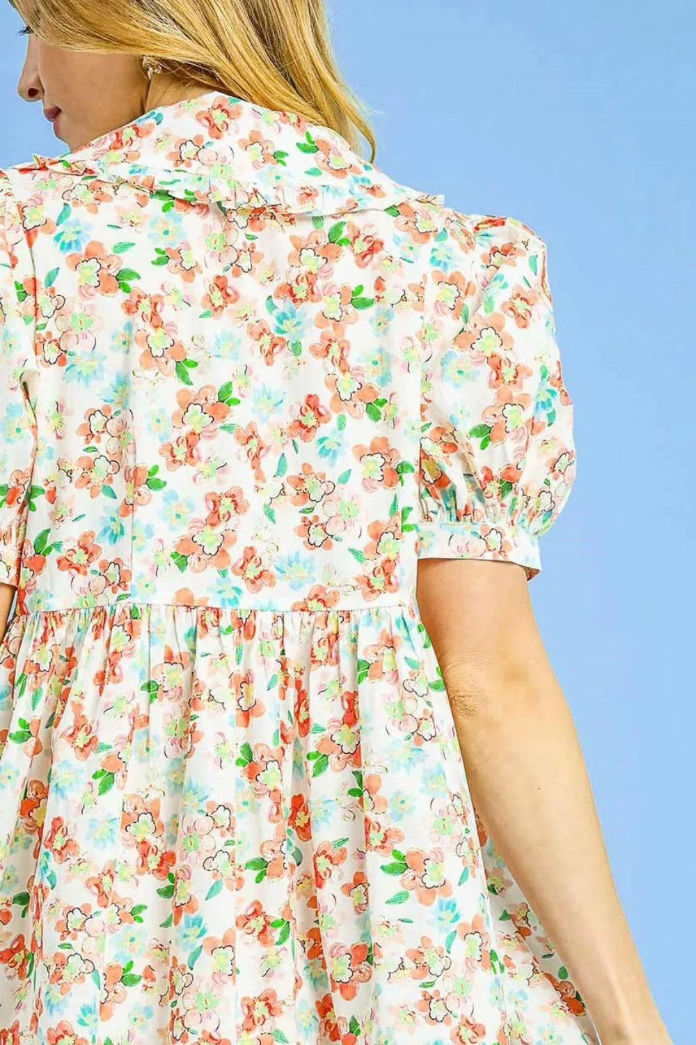 Umgee Floral Print Puff Sleeve Tie Front Mini Dress - Velora