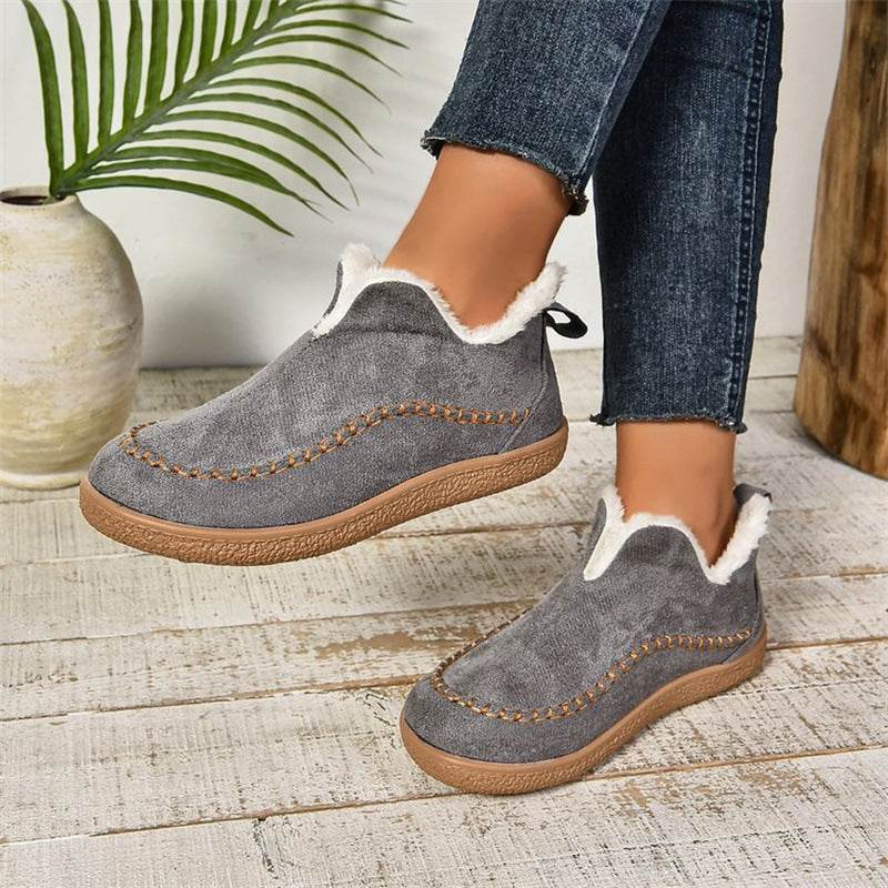 Fashion V-cut Plush Ankle Boots Winter Plus Velvet Flat Snow Boot Casual Warm Solid Suede Cotton Shoes For Women - Velora
