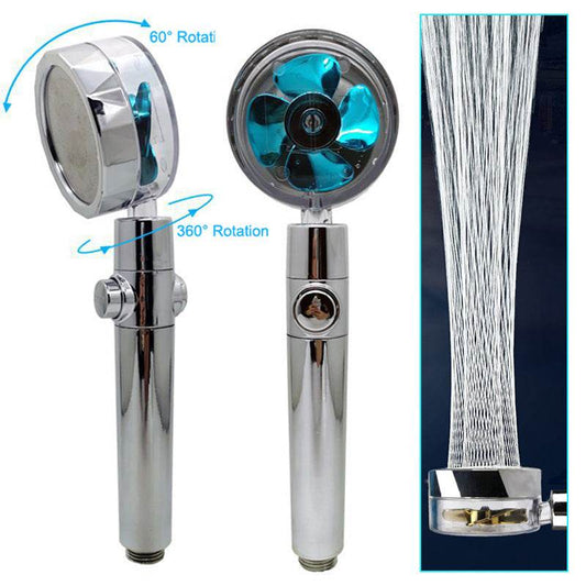 Propeller Driven Shower Head With Stop Button And Cotton Filter Turbocharged High Pressure Handheld Shower Nozzle - Velora