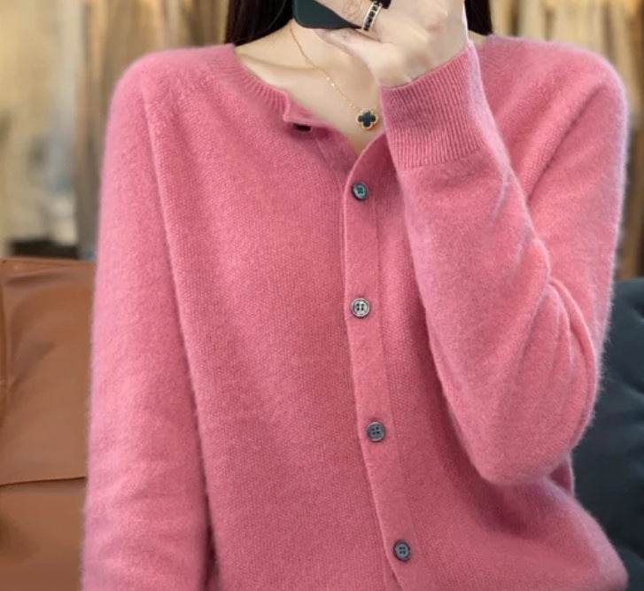 Fashion Merino Wool Cardigan Sweater Women O-Neck Long-sleeve Cashmere Knitwear Spring Autumn Female Clothing Tops - Velora