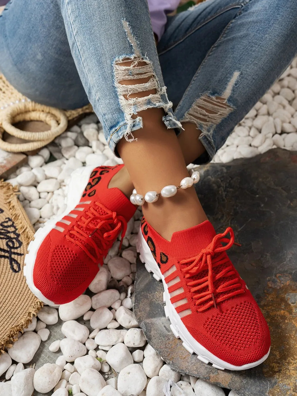 Cutout Leopard Lace Up Mesh Athletic - Velora