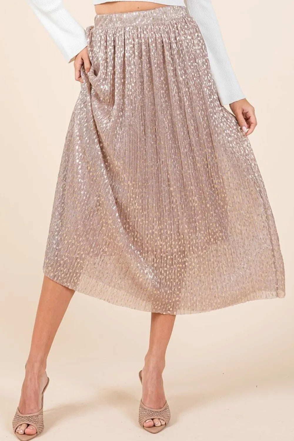 Mittoshop Metallic Glitter Speckle Print Elastic Midi Skirt - Velora