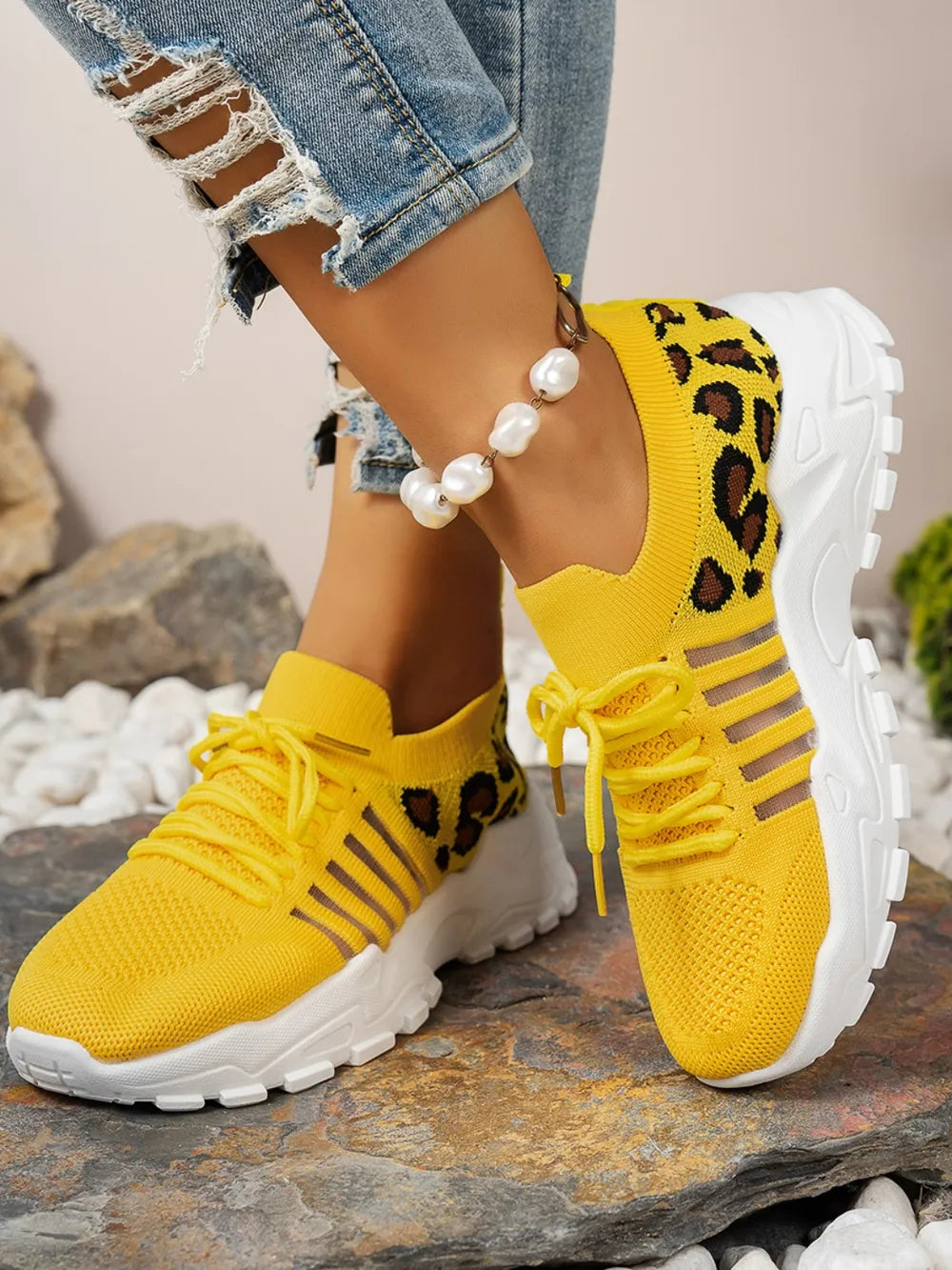 Cutout Leopard Lace Up Mesh Athletic - Velora