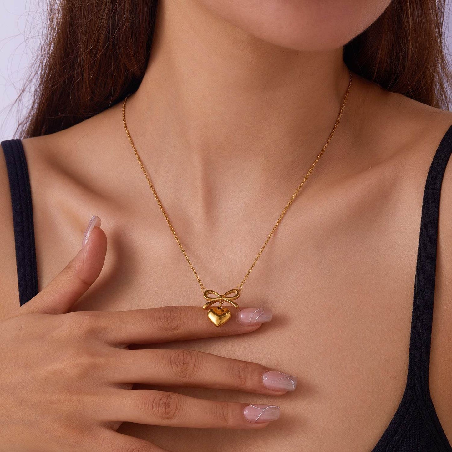 Stainless Steel New Fashion Fine Waterproof Jewelry Love Heart Bowknot Shape Charm Chain Choker Necklaces Pendant For Women Fashion Jewelry - Velora