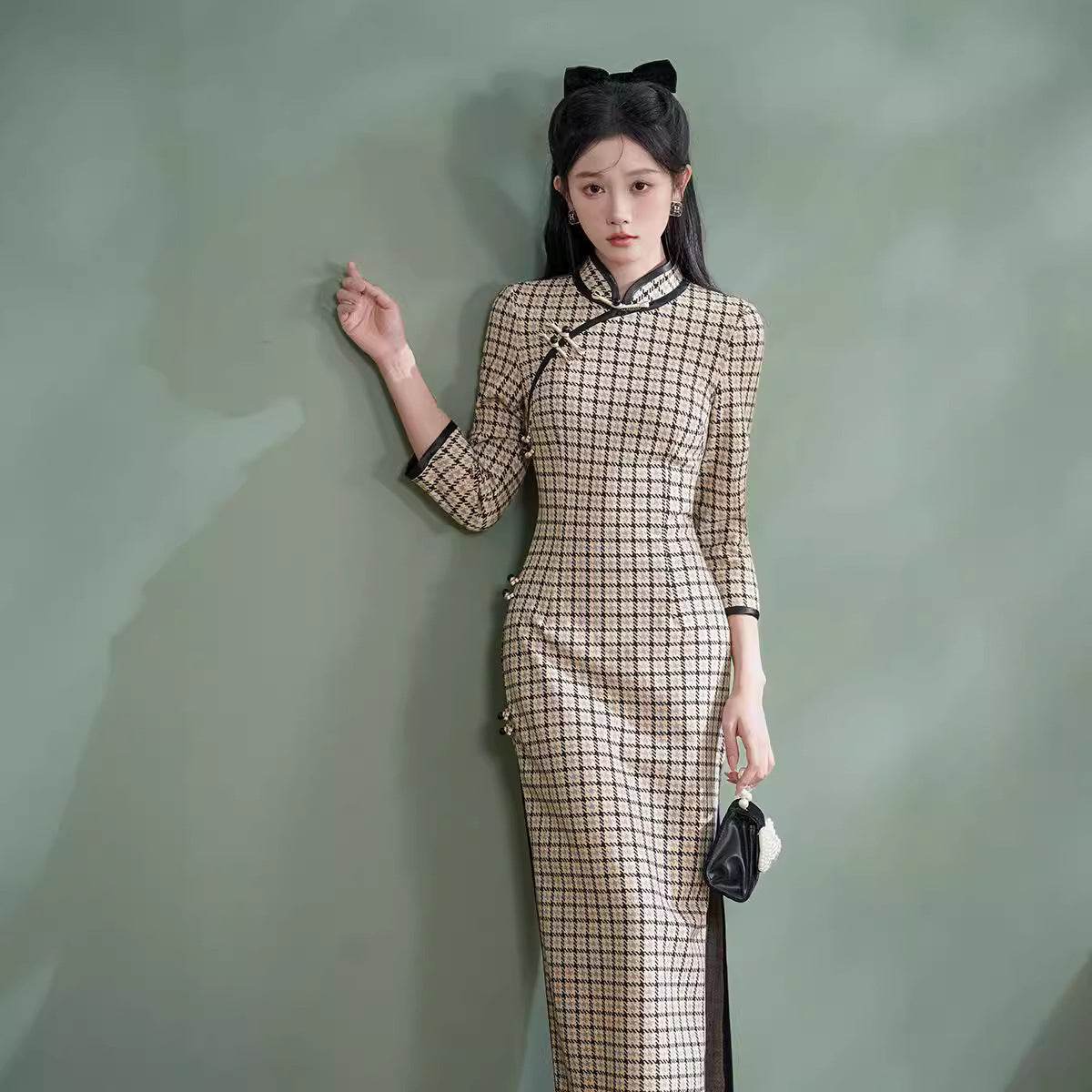 Cheongsam New Rabbit Woolen Improved Plaid Retro Cheongsam - Velora