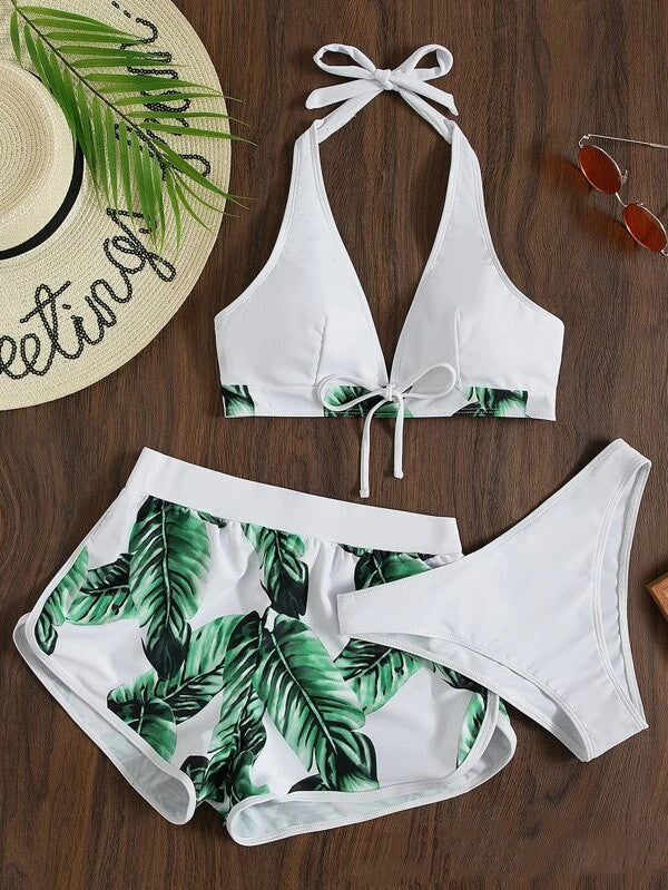 3pcs Leaf Print Bikini With Shorts Fashion Summer Beach Swimsuit Womens Clothing - Velora Luxury Fashion