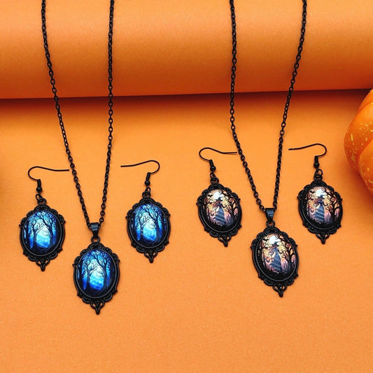 3pcs Vintage Halloween Tree Of Life And Witch Necklace Set With Earrings Alloy Pendant Jewelry - Velora