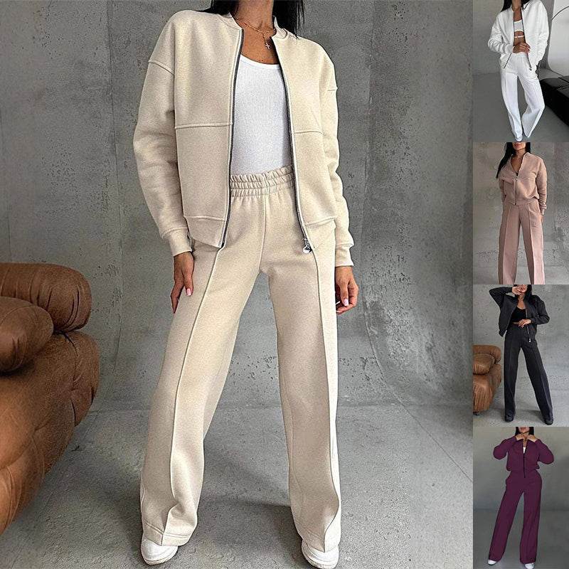 Women's Sports Suits Zipper Jacket And Wide Leg Pants Two-piece Set - Velora