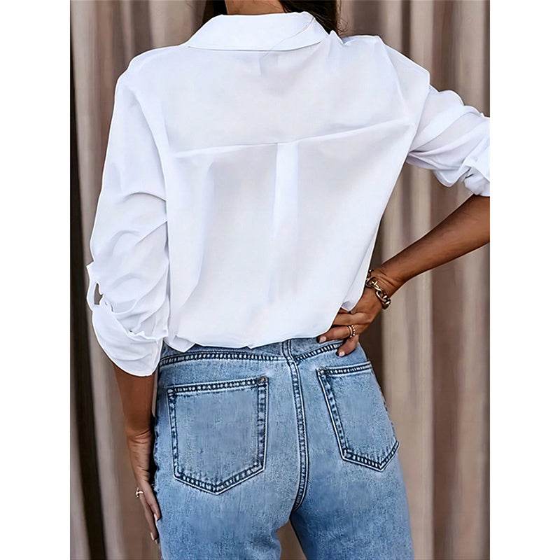 Women's Casual Long Sleeve Button-Down Shirt With Roll-Up Sleeves, Stylish Mid-Length Blouse For Everyday Wear - Velora