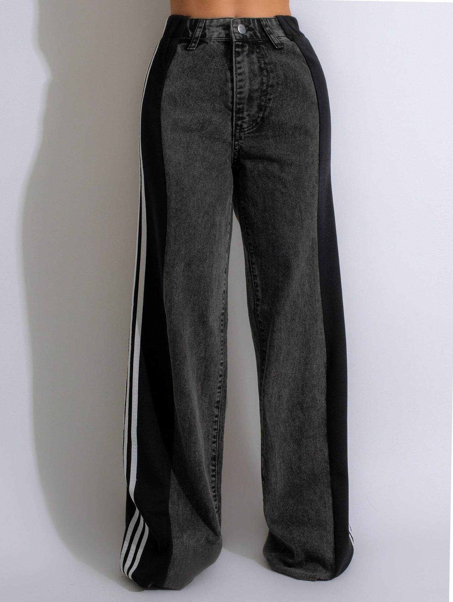 2024 Fashion Casual High Waist Elastic Straight Leg Trousers Three Stripe Patchwork Denim Wide Leg Pants Streetwear - Velora