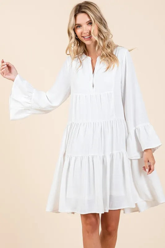 Mittoshop Tiered Notched Flare Sleeve Dress - Velora