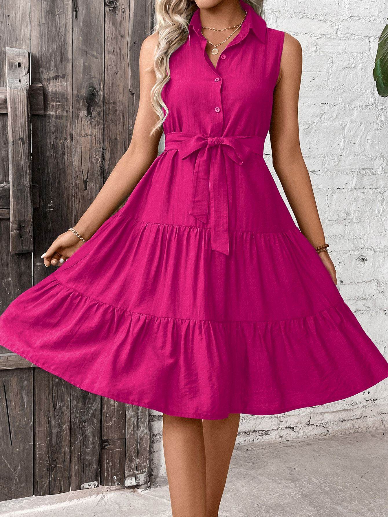 Ruffle Hem Belted Shirt Dress Maxi Vacation Beach Outfits Women - Velora