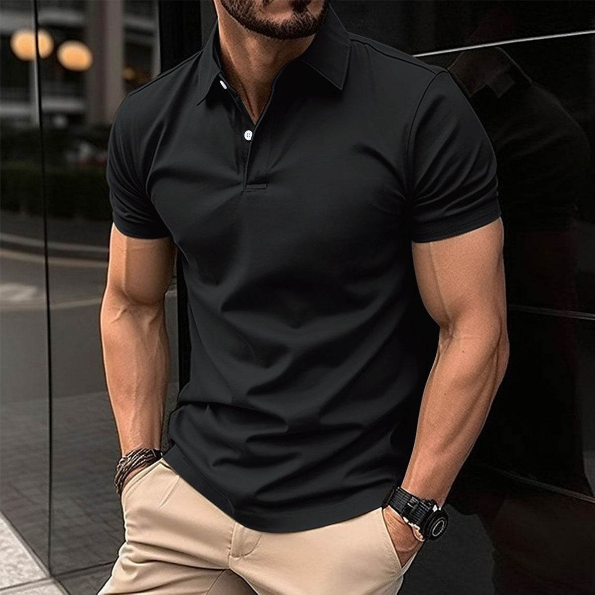 Summer Short Sleeve Polo Shirt Men Solid Color Button Lapel Button Top - Velora