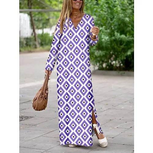Summer Geometric Printed V-neck Long Dress Fashion Long Sleeve Slit Dresses For Women - Velora