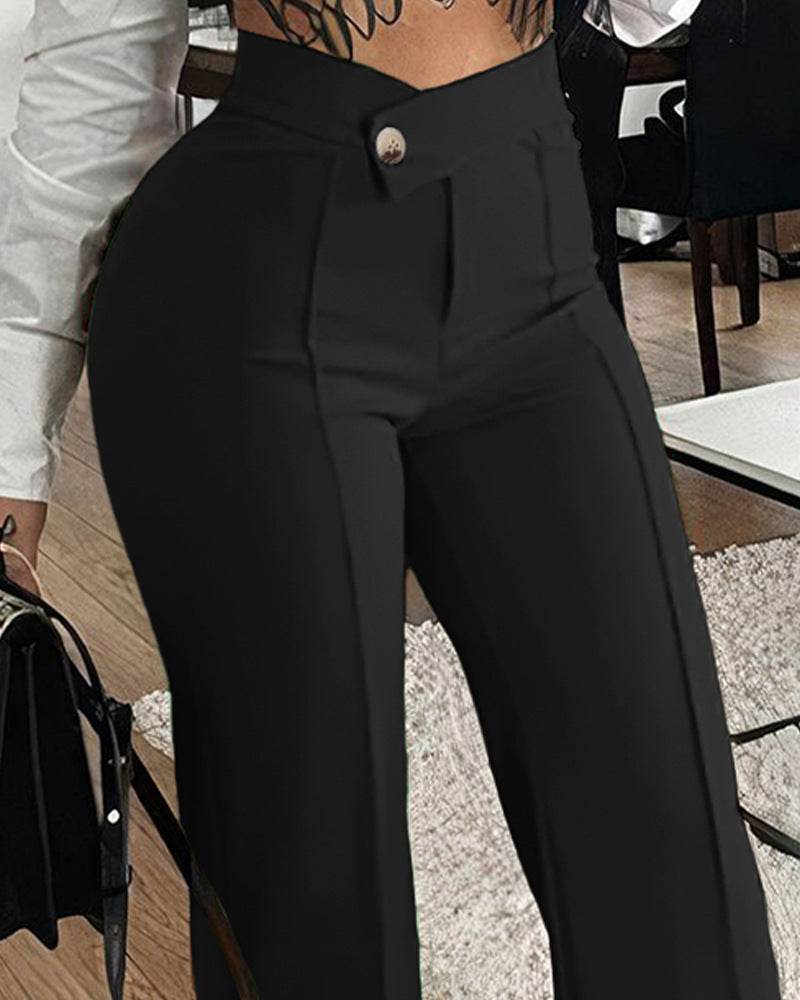 Slim Straight-leg Pants With Buckle Fashion Solid Color Trousers For Womens Clothing - Velora