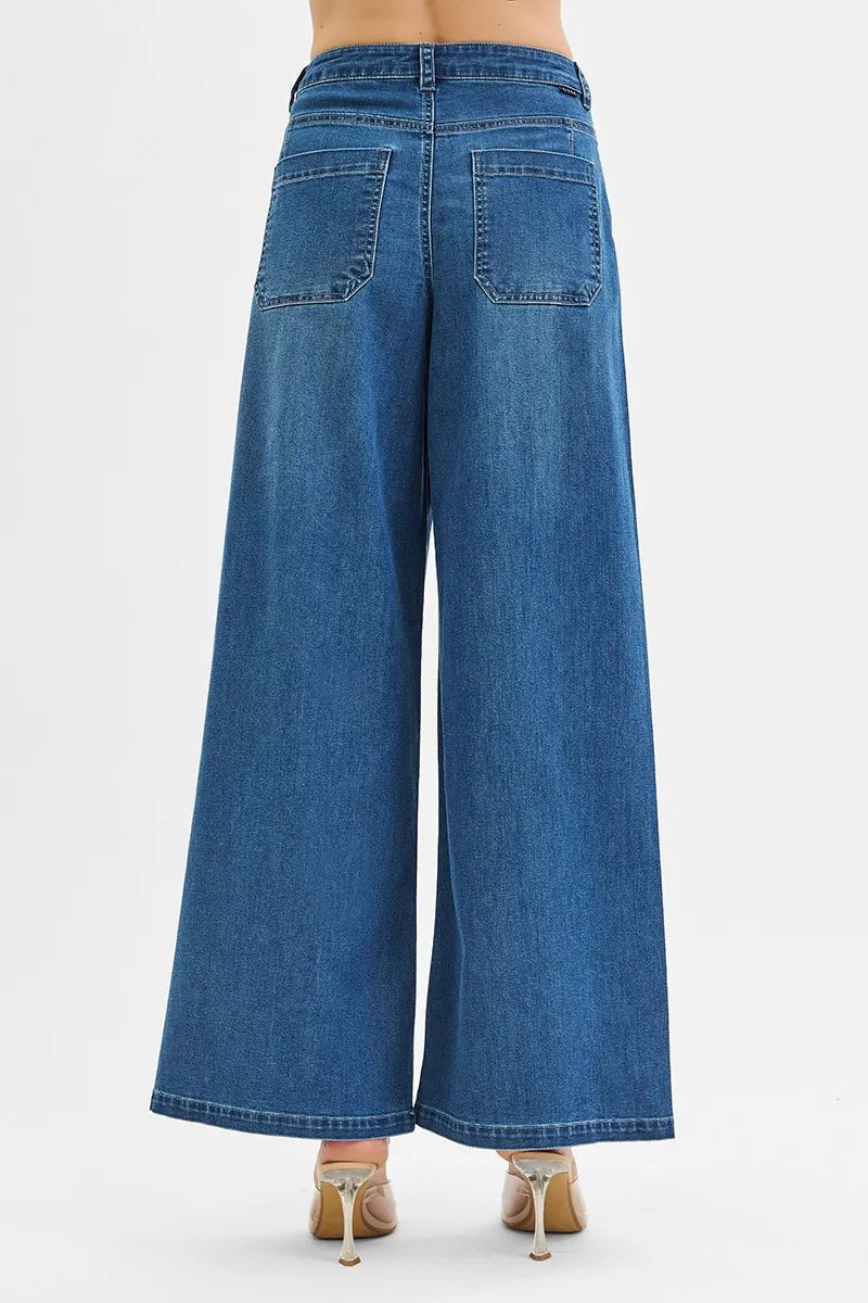 RISEN Mid Rise Fit Wide Leg Knit Denim Look Jeans - Velora
