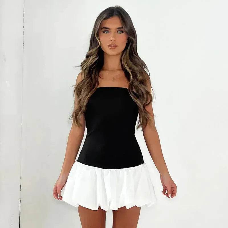 Chic Tube Top Dress Summer Solid Color Pleated Skirt Dress Women Fashion Short Mini Skater Dresses Evening Party Cocktail Dress for Ladies - Velora