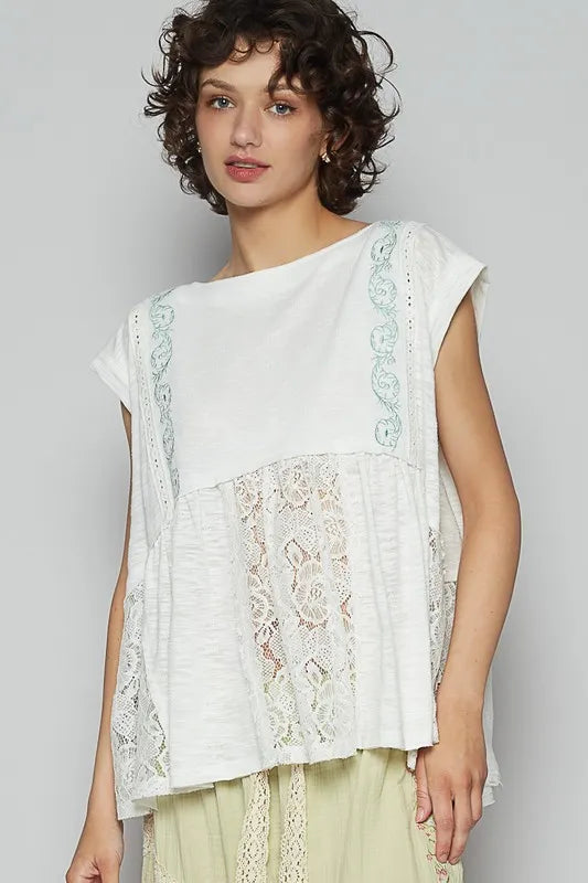 POL Embroidered Detail Boat Neck Cap Sleeve Lace Blouse - Velora